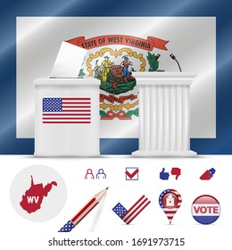 Presidential elections in West Virginia. Vector waving flag, realistic ballot box, public speaker's podium, silhouette map and voting icon set.