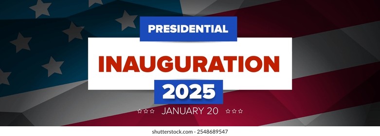 Inauguración presidencial 2025 USA 20 enero Plantilla de diseño de Anuncio. Diseño del cartel de la toma de posesión presidencial de Estados Unidos 2025 con bandera de Estados Unidos