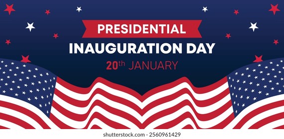 Presidential Inauguration Day Web Banner. Inauguration day January 20 with USA Flag. Day of Patriotic Presidential Inauguration United States of America with Stars and Red Stripes Background