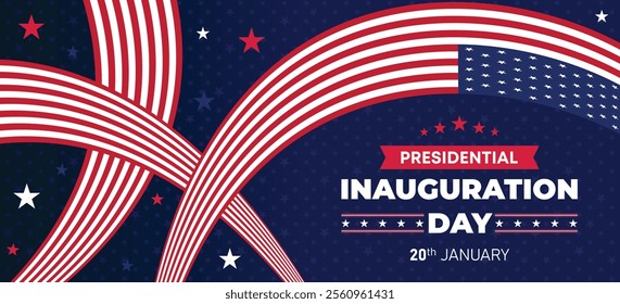 Presidential Inauguration Day Web Banner. Inauguration day January 20 with USA Flag. Day of Patriotic Presidential Inauguration United States of America with Stars and Red Stripes Background