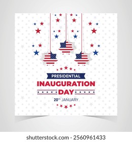 Presidential Inauguration Day Web Banner. Inauguration day January 20 with USA Flag. Day of Patriotic Presidential Inauguration United States of America with Stars and Red Stripes Background