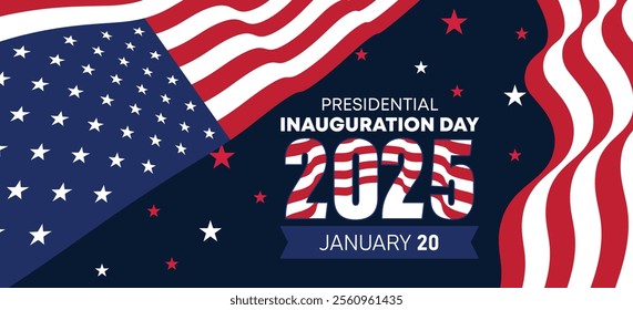 Presidential Inauguration Day Web Banner. Inauguration day January 20 with USA Flag. Day of Patriotic Presidential Inauguration United States of America with Stars and Red Stripes Background