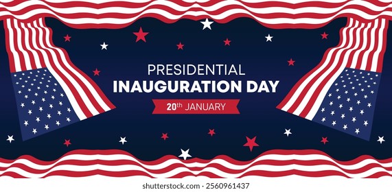 Presidential Inauguration Day Web Banner. Inauguration day January 20 with USA Flag. Day of Patriotic Presidential Inauguration United States of America with Stars and Red Stripes Background