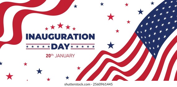 Presidential Inauguration Day Web Banner. Inauguration day January 20 with USA Flag. Day of Patriotic Presidential Inauguration United States of America with Stars and Red Stripes Background