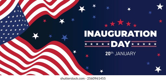 Presidential Inauguration Day Web Banner. Inauguration day January 20 with USA Flag. Day of Patriotic Presidential Inauguration United States of America with Stars and Red Stripes Background