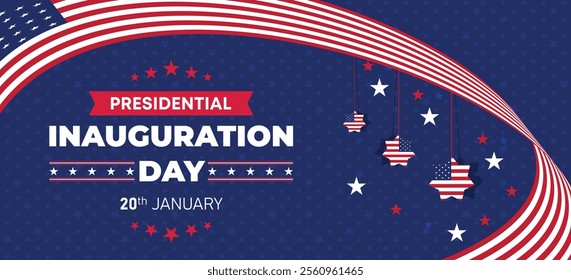 Presidential Inauguration Day Web Banner. Inauguration day January 20 with USA Flag. Day of Patriotic Presidential Inauguration United States of America with Stars and Red Stripes Background