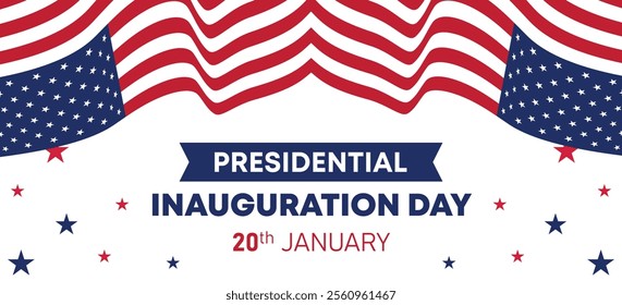 Presidential Inauguration Day Web Banner. Inauguration day January 20 with USA Flag. Day of Patriotic Presidential Inauguration United States of America with Stars and Red Stripes Background