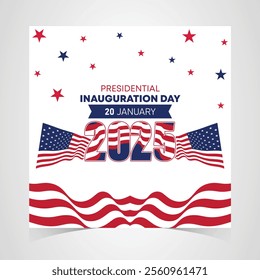 Presidential Inauguration Day Web Banner. Inauguration day January 20 with USA Flag. Day of Patriotic Presidential Inauguration United States of America with Stars and Red Stripes Background