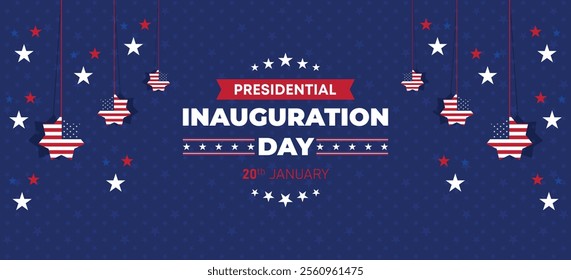 Presidential Inauguration Day Web Banner. Inauguration day January 20 with USA Flag. Day of Patriotic Presidential Inauguration United States of America with Stars and Red Stripes Background