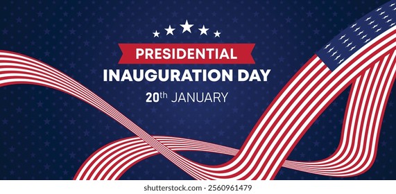 Presidential Inauguration Day Web Banner. Inauguration day January 20 with USA Flag. Day of Patriotic Presidential Inauguration United States of America with Stars and Red Stripes Background