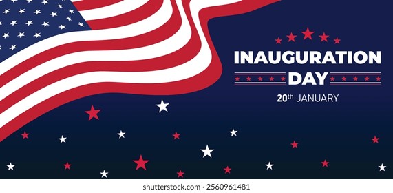 Presidential Inauguration Day Web Banner. Inauguration day January 20 with USA Flag. Day of Patriotic Presidential Inauguration United States of America with Stars and Red Stripes Background