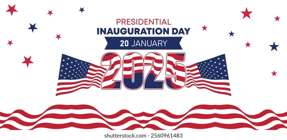 Presidential Inauguration Day Web Banner. Inauguration day January 20 with USA Flag. Day of Patriotic Presidential Inauguration United States of America with Stars and Red Stripes Background