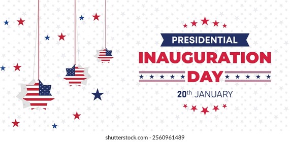 Presidential Inauguration Day Web Banner. Inauguration day January 20 with USA Flag. Day of Patriotic Presidential Inauguration United States of America with Stars and Red Stripes Background