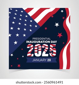 Presidential Inauguration Day Web Banner. Inauguration day January 20 with USA Flag. Day of Patriotic Presidential Inauguration United States of America with Stars and Red Stripes Background