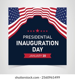 Presidential Inauguration Day Web Banner. Inauguration day January 20 with USA Flag. Day of Patriotic Presidential Inauguration United States of America with Stars and Red Stripes Background