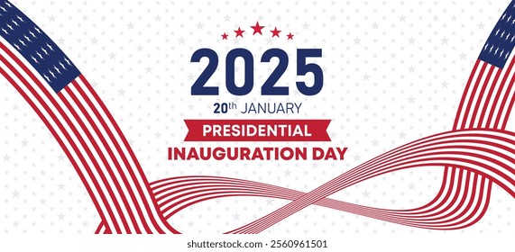 Presidential Inauguration Day Web Banner. Inauguration day January 20 with USA Flag. Day of Patriotic Presidential Inauguration United States of America with Stars and Red Stripes Background