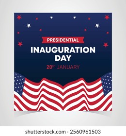 Presidential Inauguration Day Web Banner. Inauguration day January 20 with USA Flag. Day of Patriotic Presidential Inauguration United States of America with Stars and Red Stripes Background