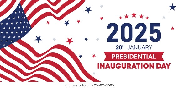 Presidential Inauguration Day Web Banner. Inauguration day January 20 with USA Flag. Day of Patriotic Presidential Inauguration United States of America with Stars and Red Stripes Background