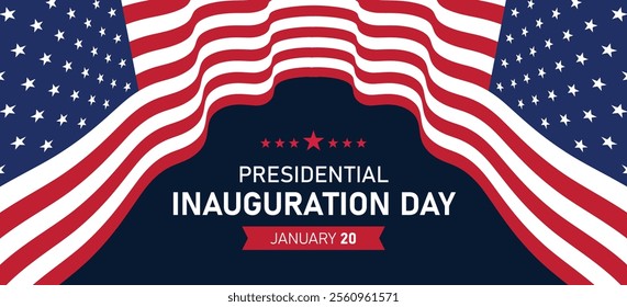 Presidential Inauguration Day Web Banner. Inauguration day January 20 with USA Flag. Day of Patriotic Presidential Inauguration United States of America with Stars and Red Stripes Background