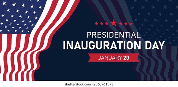 Presidential Inauguration Day Web Banner. Inauguration day January 20 with USA Flag. Day of Patriotic Presidential Inauguration United States of America with Stars and Red Stripes Background