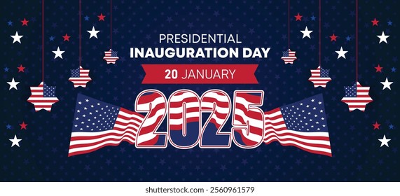 Presidential Inauguration Day Web Banner. Inauguration day January 20 with USA Flag. Day of Patriotic Presidential Inauguration United States of America with Stars and Red Stripes Background