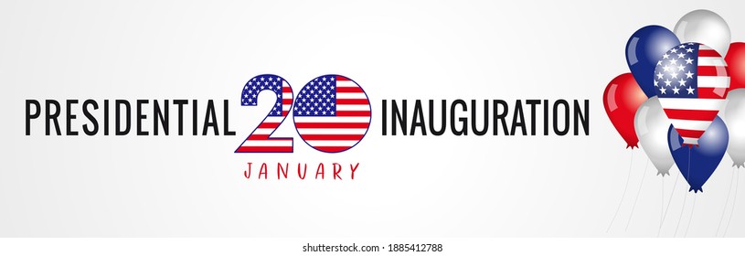 Afiche de la Inauguración Presidencial EEUU 2021, 20 de enero. Concepto de distanciamiento social inauguración del presidente de Estados Unidos con texto y globos con bandera. Diseño gráfico vectorial aislado