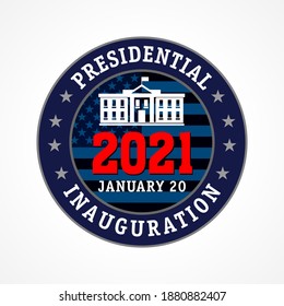 Presidential Inauguration USA, January 2021 round emblem banner. Creative lock down, social distancing US president inauguration with flag and white house. Isolated badge vector graphic design