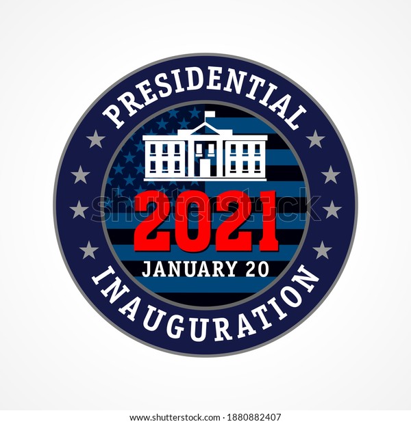 Presidential Inauguration USA, January 2021 round\
emblem banner. Creative lock down, social distancing US president\
inauguration with flag and white house. Isolated badge vector\
graphic design