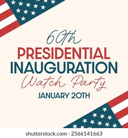 Presidential inauguration watch party invitation. Square vector illustration with american flag, lettering and date. Template for web, print, social media, covers.