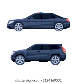 Presidential Motorcade and Government Motor Vehicle Side View Vector Set.