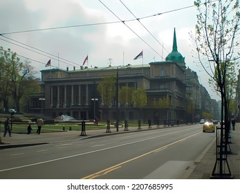 Presidential Palace of the Republic of Serbia in the center of Belgrade. Sunny spring view. Vector image.