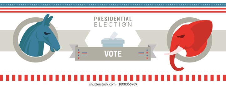 Presidential US Election Banner for year 2020. American Election campaign between democrats and republicans. Political parties. Elephant & donkey. USA flag theme. Vote America. Ballot box.