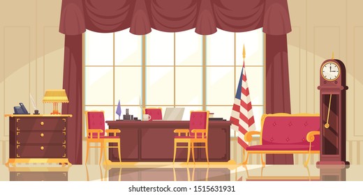 Presidential workplace interior flat composition with executive office furniture state flag clock desk large window vector illustration 