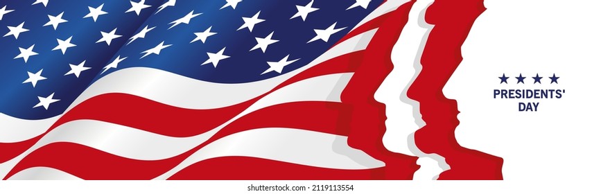 Presidents' Day 4 president silhouettes USA wavy flag ribbon patriotic template red white blue background banner