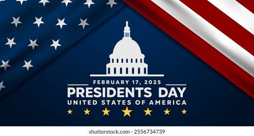 President's Day. America flag and White House. Great for cards, banners, posters, social media and more. Dark blue background.   