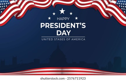 President's Day. American flag and White House. Dark blue background, vector illustration, Suitable for cards, banners, posters, social media and more.