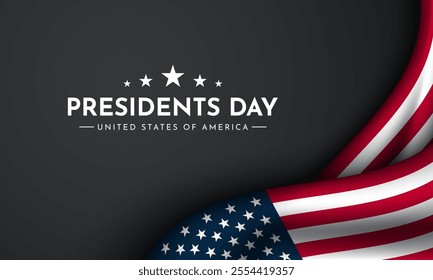 Presidents Day Background Design with American Flag on black background. Banner, Poster, Greeting Card. Vector Illustration.