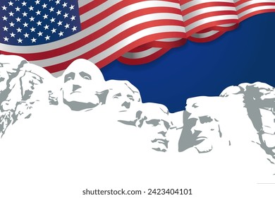 Presidents Day background, Mount Rushmore and 3d waving flag USA. Vector illustration