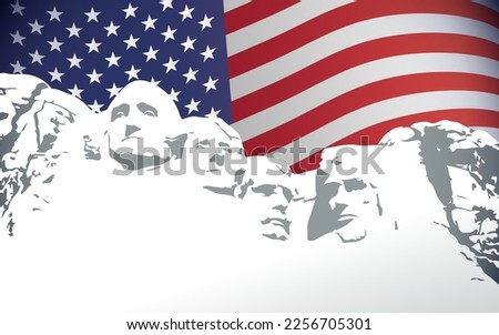 Presidents Day background with Mount Rushmore and flag USA. Happy President 's Day design with four american president. Vector illustration