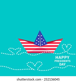 Presidents Day background Paper boat with heart wave. Dash line. Flat design Vector illustration