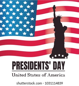 Presidents day background. Statue of Liberty and American flag. Presidents day