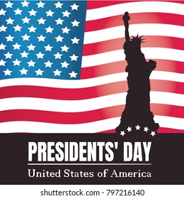 Presidents day background. Statue of Liberty and American flag. Vector illustration.