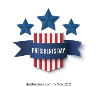 Presidents Day background template. Badge with blue ribbon isolated on white. Vector illustration.