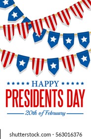 Presidents Day background. USA patriotic template with text, stripes and stars. Vector colorful bunting decoration Garland, pennants on a rope for american party, festival, celebration, special event