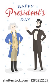 Presidents day banner. Cute Washington and Lincoln. Vector flat cartoon illustration. 