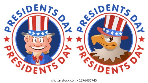 Presidents Day. Cartoon Uncle Sam and American eagle in patriotic hat. Vector illustration. Elements is grouped. No transparent objects.