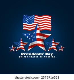 Presidents' Day to celebrate on February 17th. Flying American flag with stars on dark blue background.