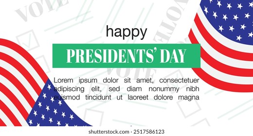 Presidents Day celebration banner featuring US flags and vote papers, patriotic design