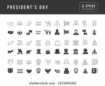 Presidents Day. Collection of perfectly simple monochrome icons for web design, app, and the most modern projects. Universal pack of classical signs for category Holidays.