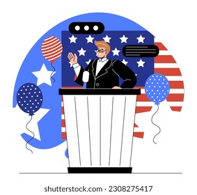 Presidents day concept. Candidate stands behind speaker stand with microphone against background of American flag. Election campaign and debates, young politician. Doodle flat vector illustration